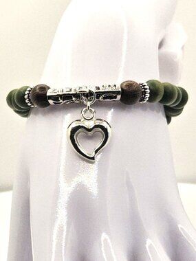 Green And Brown Wood Bead Stretch Bracelet With Silver Tone Heart Charm Accent